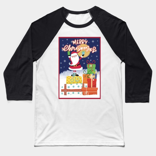 Merry Christmas! Happy Santa standing on a pile of gifts in the snow. Greeting card. Baseball T-Shirt by marina63